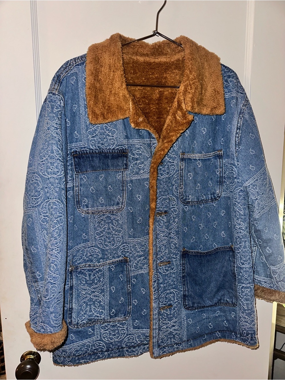 Denim Bandana Print Utility Jacket with Brown Sherpa Collar